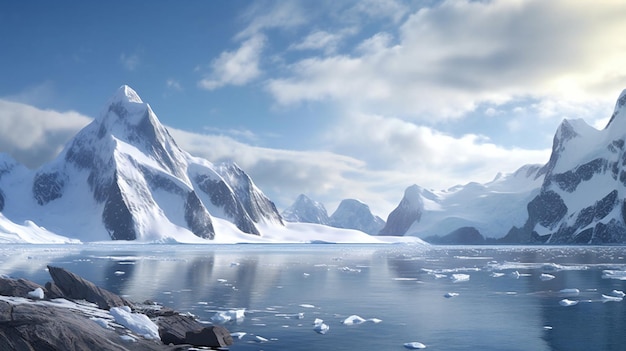 Antarctic landscape with icebergs in the ocean and mountains