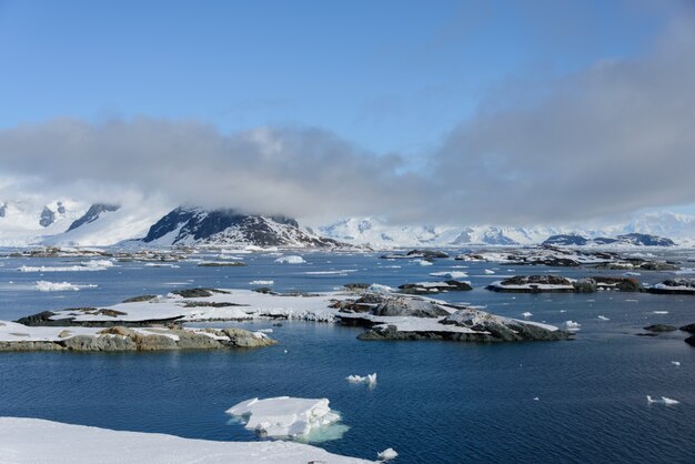 Antarctic landscape with mountains and islands