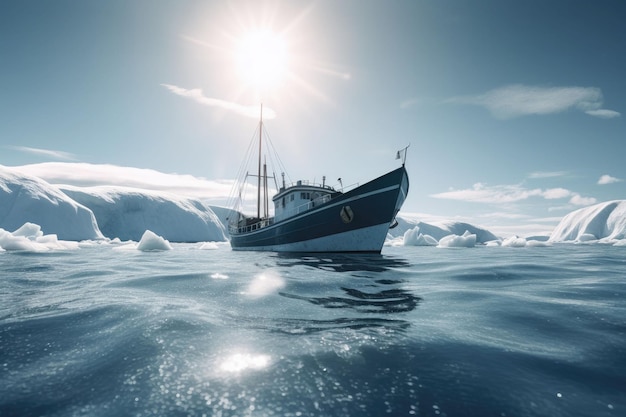 Antarctic landscape with ship and icebergs The ship driving through frozen sea Generative AI