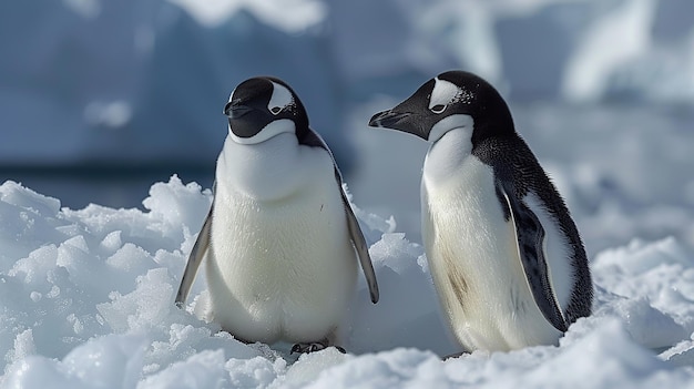 Antarctic penguin standing on ice rock near glaciers Animal concept background