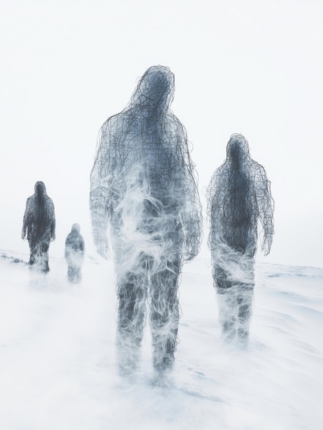 Photo in antarctica with ghostly transparent human figures made out of chicken wire double exposure trip