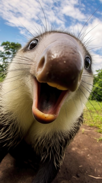 Anteater touches camera taking selfie Funny selfie portrait of animal