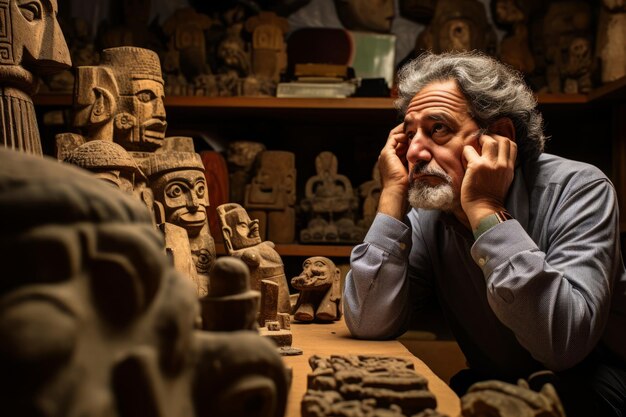 Photo an anthropologist deep in thought surrounded by ancient artifacts connecting histories