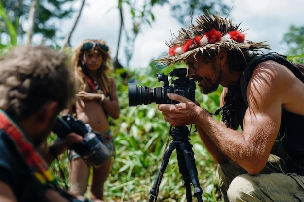 Anthropologist in the field documenting and studying a remote tribe cultural interactions research