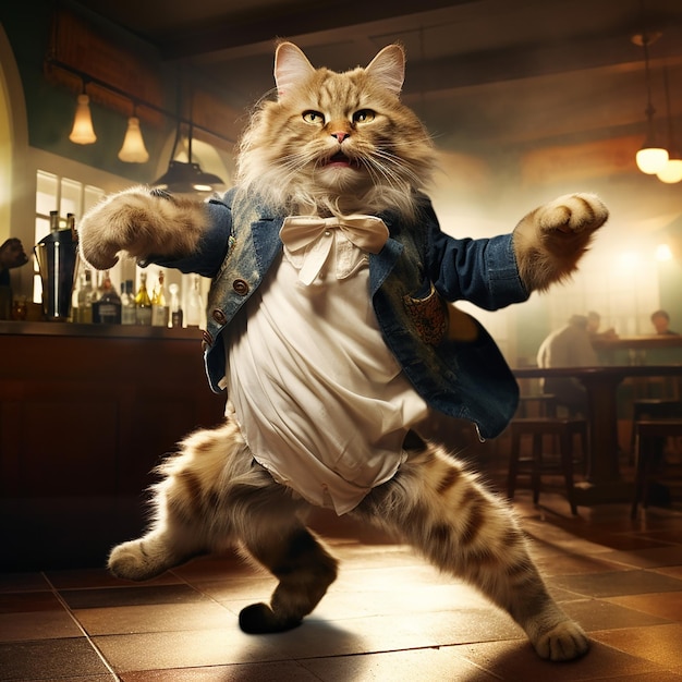 anthropomorphic animal cat dancing on dance floor in bar