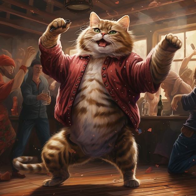 anthropomorphic animal cat dancing on dance floor in bar