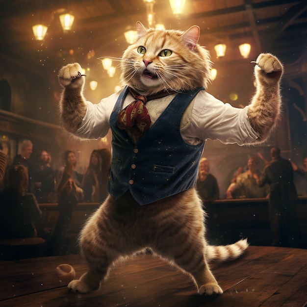 anthropomorphic animal cat dancing on dance floor in bar