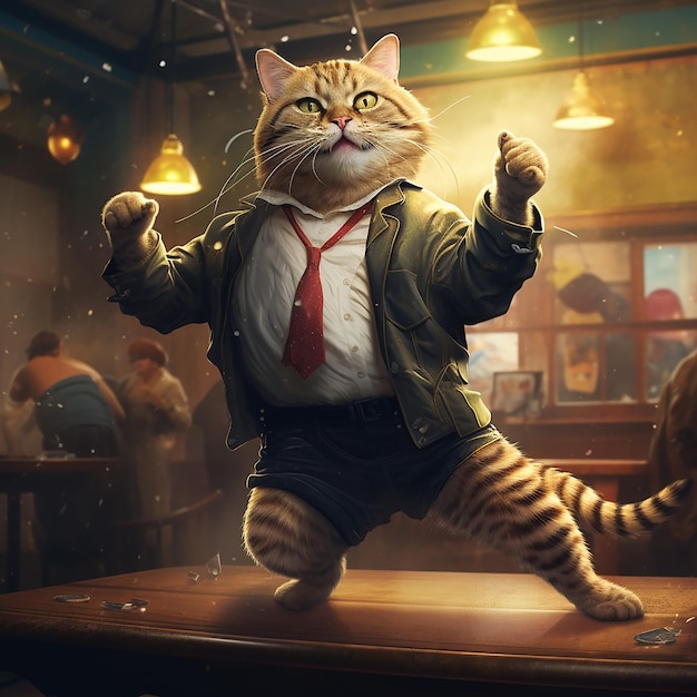 anthropomorphic animal cat dancing on dance floor in bar