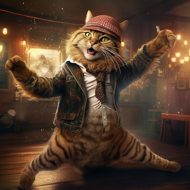 anthropomorphic animal cat dancing on dance floor in bar