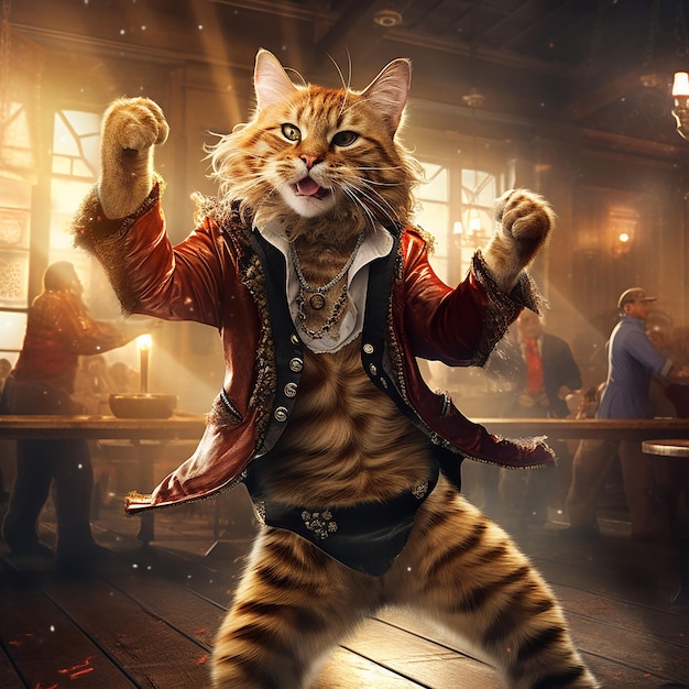 anthropomorphic animal cat dancing on dance floor in bar