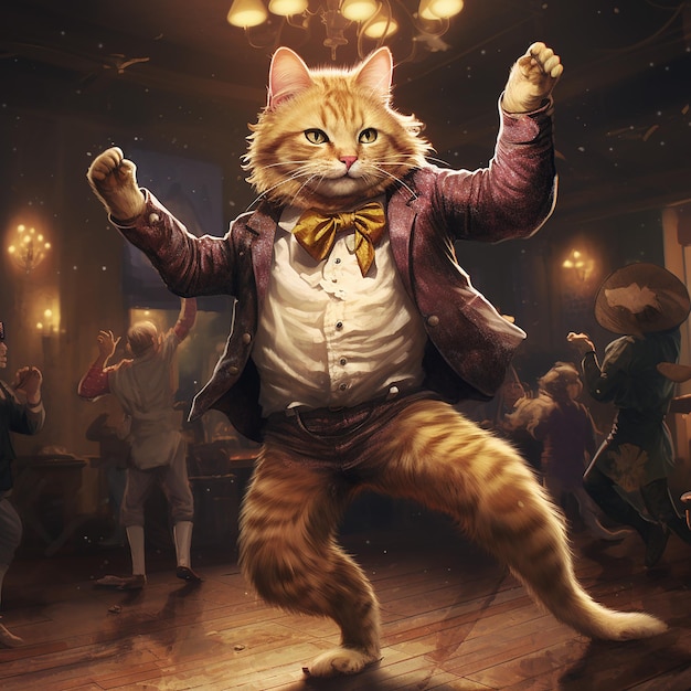 anthropomorphic animal cat dancing on dance floor in bar