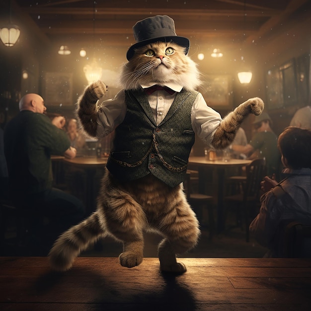 anthropomorphic animal cat dancing on dance floor in bar