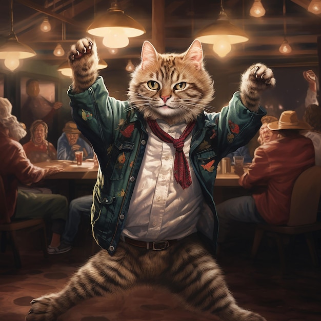 anthropomorphic animal cat dancing on dance floor in bar