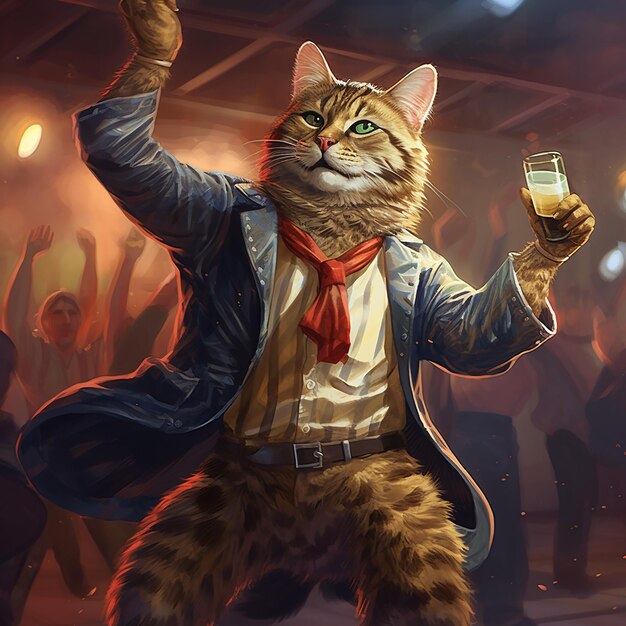 anthropomorphic animal cat dancing on dance floor in bar