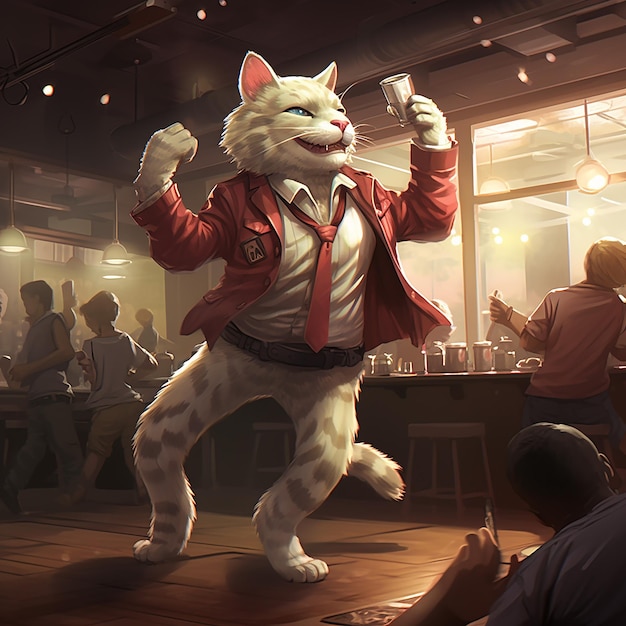 anthropomorphic animal cat dancing on dance floor in bar