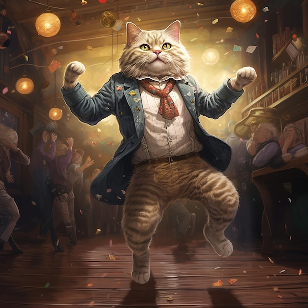 anthropomorphic animal cat dancing on dance floor in bar