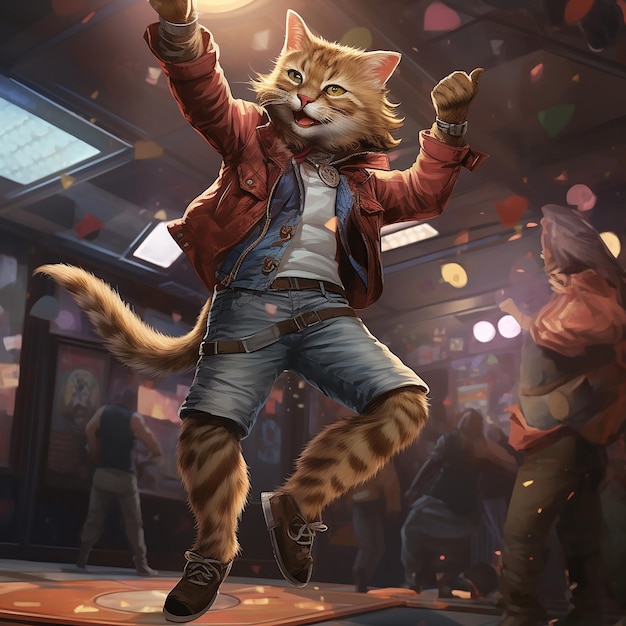 anthropomorphic animal cat dancing on dance floor in bar