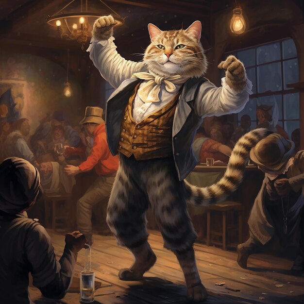 anthropomorphic animal cat dancing on dance floor in bar