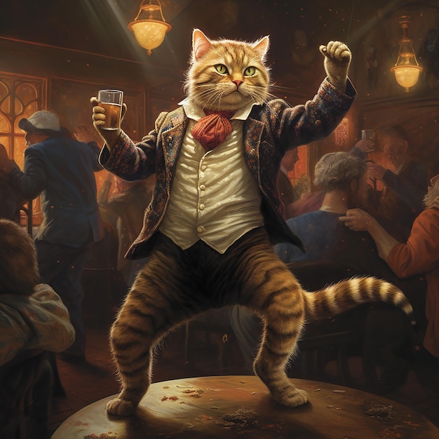 anthropomorphic animal cat dancing on dance floor in bar