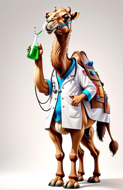 anthropomorphic caricature camal wearing a chemistry clothing with chemical tools