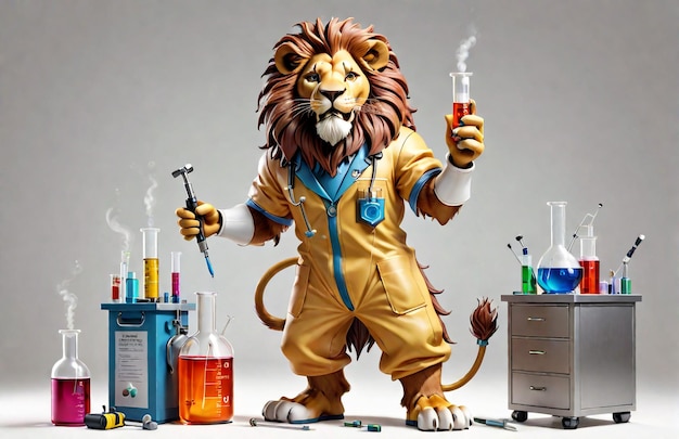 anthropomorphic caricature lion wearing a chemistry clothing with chemical tools