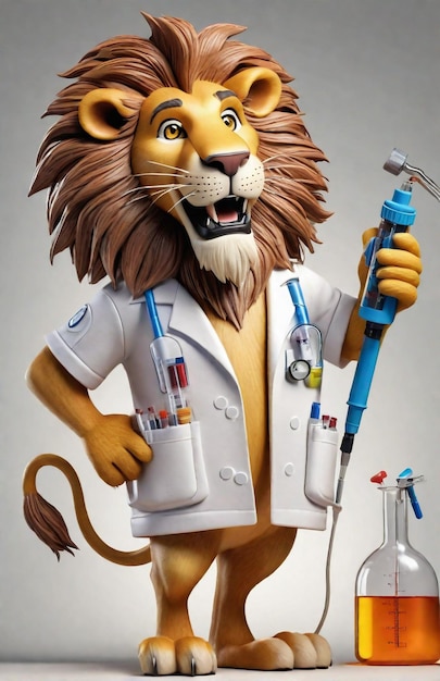 anthropomorphic caricature lion wearing a chemistry clothing with chemical tools