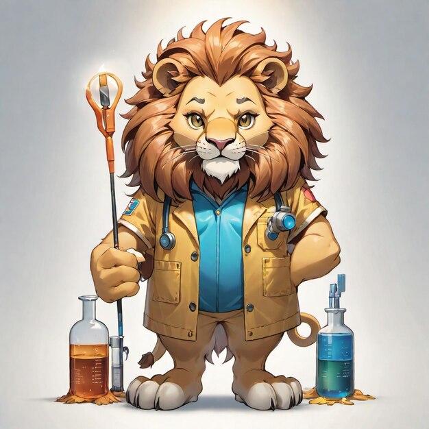 anthropomorphic caricature lion wearing a chemistry clothing with chemical tools