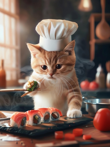 Anthropomorphic cat chef enjoying sushi