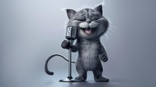 Anthropomorphic cat singing with a microphone on stage in a cheerful and fun performance Showcasing talent and creativity in the world of music and entertainment