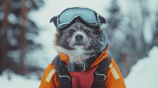 Anthropomorphic dog clad in ski gear poses in a snowy landscape showcasing a whimsical winter concept