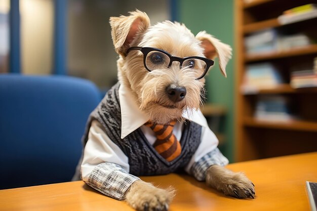 anthropomorphic dog sitting at a desk in a library reading a book the dog is wearing glasses and looks very studious