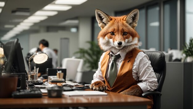 An anthropomorphic fox getting ready for work in a corporate office