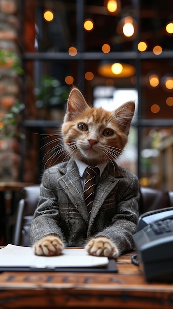 Photo anthropomorphic kitten as the serious company boss