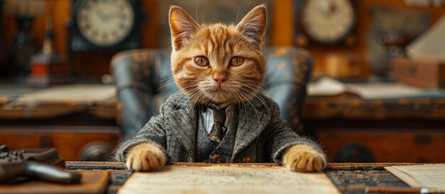 Photo anthropomorphic kitten as the serious company boss