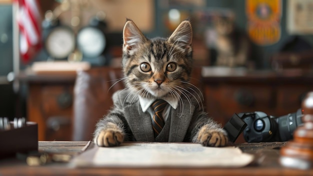 Photo anthropomorphic kitten as the serious company boss