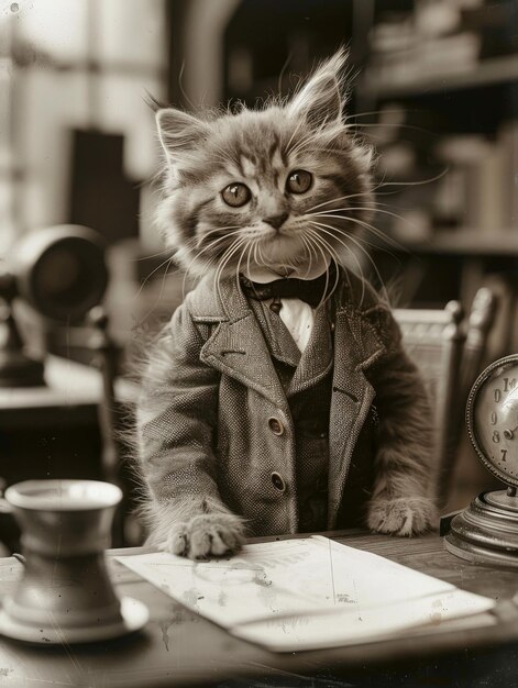 Photo anthropomorphic kitten as the serious company boss