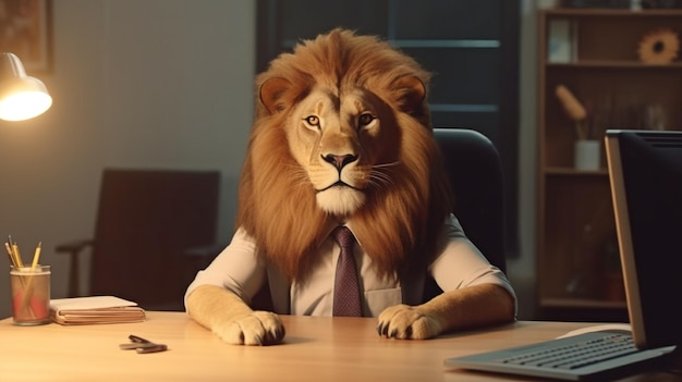 An anthropomorphic lion is comparable to a boss at work Generative AI and Business Concept