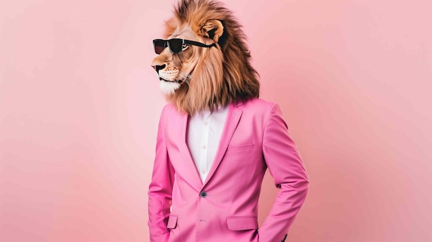 Anthropomorphic lion in a pink business suit and stylish glasses