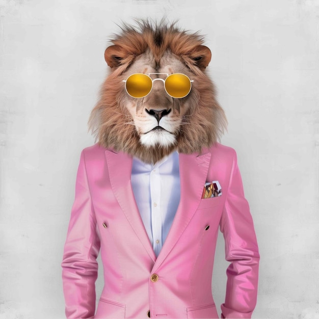 Anthropomorphic lion in a pink business suit and stylish glasses