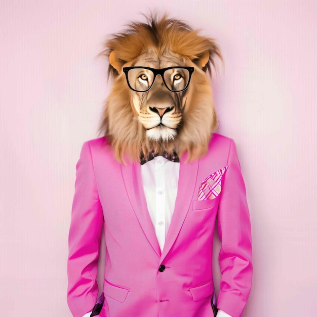 Photo anthropomorphic lion in a pink business suit and stylish glasses