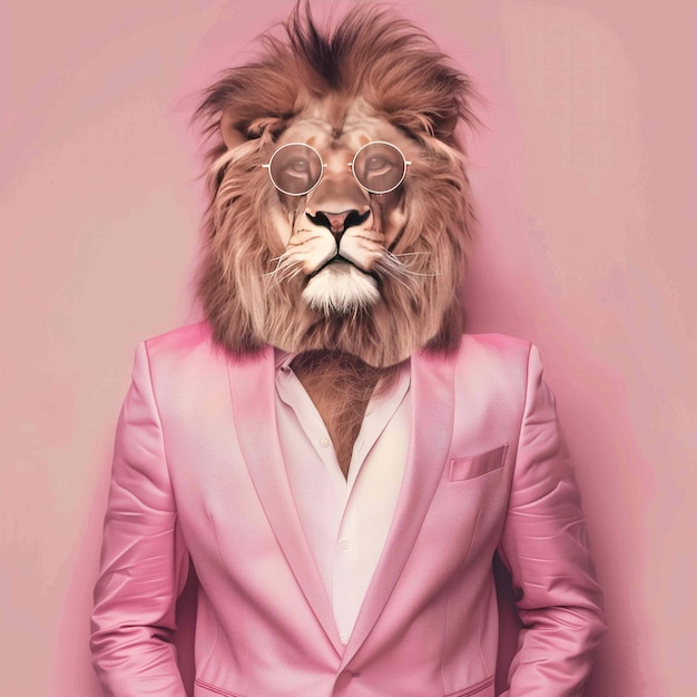 Anthropomorphic lion in a pink business suit and stylish glasses