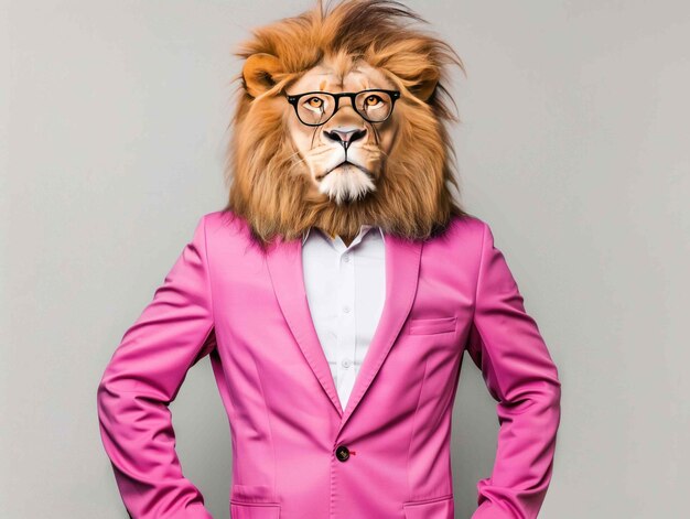 Anthropomorphic lion in a pink business suit and stylish glasses