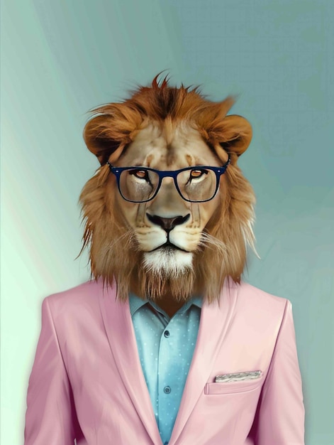 Anthropomorphic lion in a pink business suit and stylish glasses