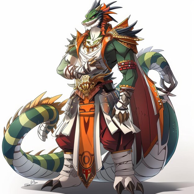 Photo anthropomorphic lizard warrior in elaborate attire