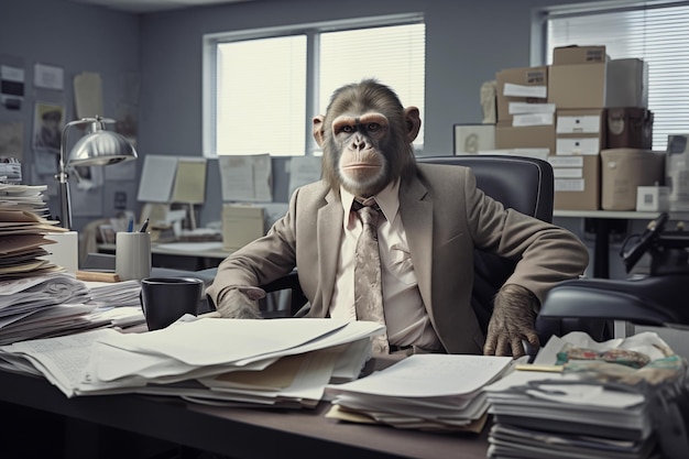 Anthropomorphic monkey businessman sitting in office Business concept