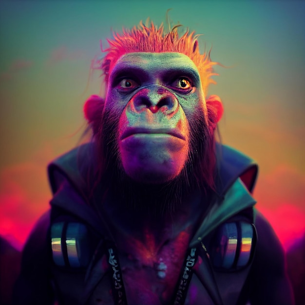 anthropomorphic monkey futuristic cyberpunk style avatar portrait 3d rendering