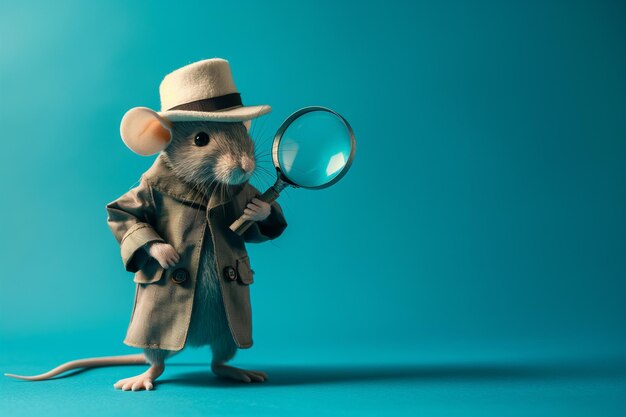 Photo anthropomorphic mouse detective holding magnifying glassxa