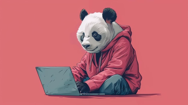 an anthropomorphic panda wearing hoodie and jeans working at laptop far away developer full bod