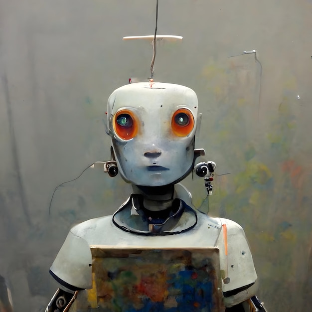 Anthropomorphic robot artist close portrait neural network ai generated art