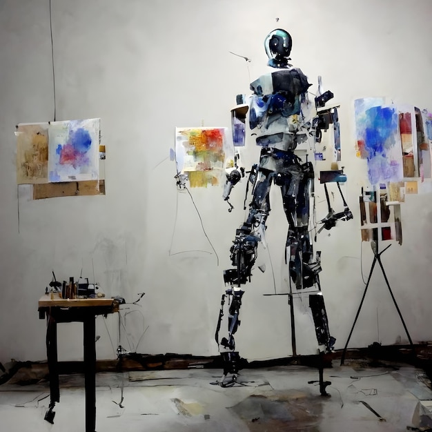 Anthropomorphic robot artist in the studio next to the easel painting and paints while working neural network ai generated art